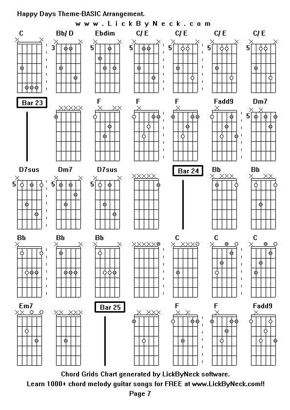 Chord Grids Chart of chord melody fingerstyle guitar song-Happy Days Theme-BASIC Arrangement,generated by LickByNeck software.